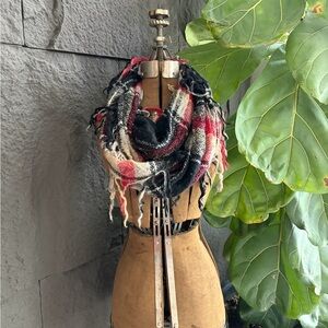 Cozy Plaid Fringe Infinity Scarf in Black, Red & Cream